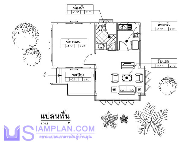 แบบบ้านชั้นเดี่ยว 1 ห้องนอน 1 ห้องน้ำ