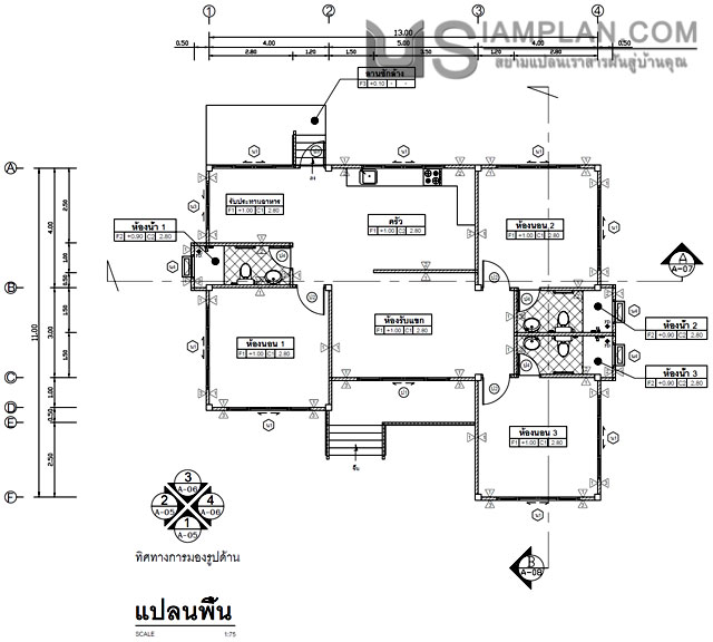 แบบบ้านชั้นเดียว 3 ห้องนอน 3 ห้องน้ำ