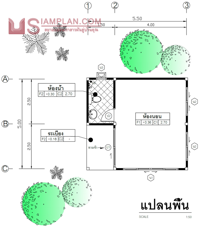 แปลนพื้น บ้านชั้นเดียว 1 ห้องนอน 1 ห้องน้ำ