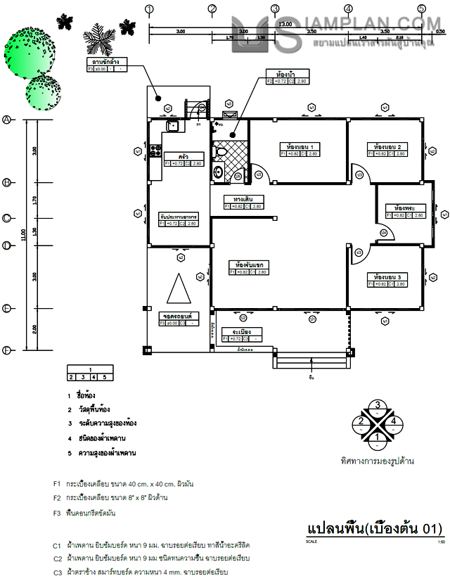 แปลนพื้น บ้านชั้นเดียว 3
 ห้องนอน 1 ห้องน้ำ