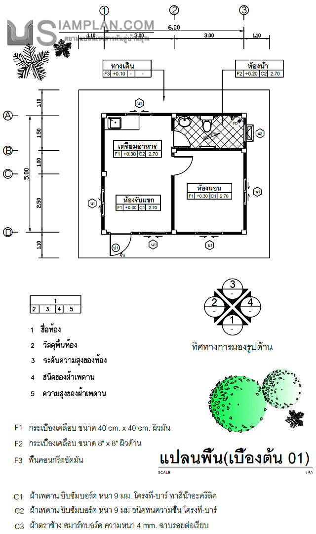 แปลนพื้น บ้านชั้นเดียว 1
 ห้องนอน 1 ห้องน้ำ