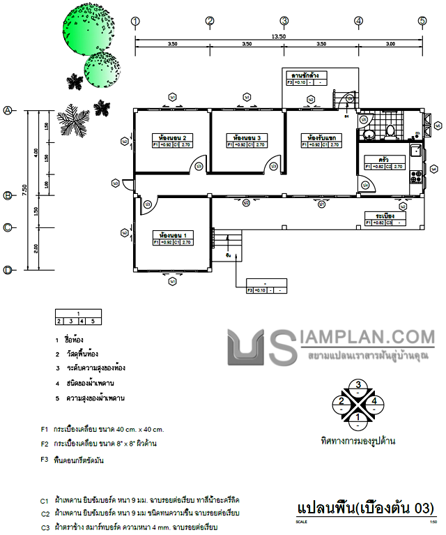 แปลนพื้น บ้านชั้นเดียว 3
 ห้องนอน 1 ห้องน้ำ