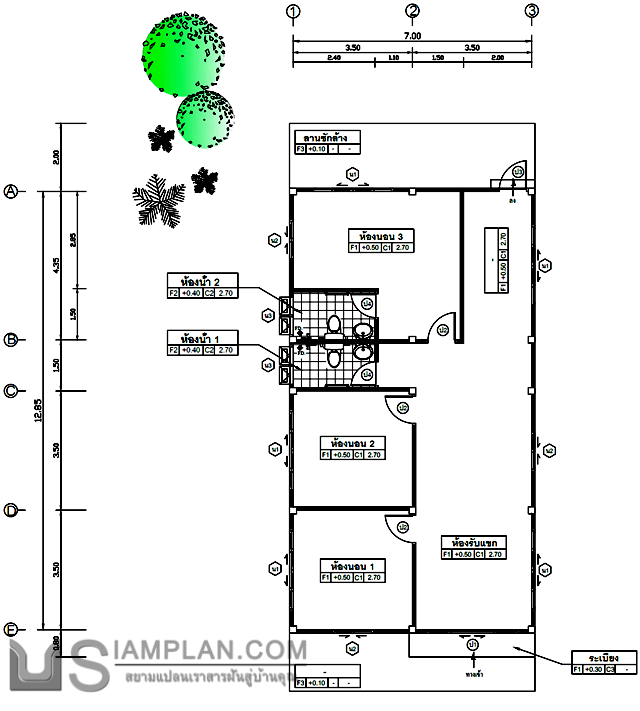 แปลนพื้น บ้านชั้นเดียว 3
 ห้องนอน 2 ห้องน้ำ